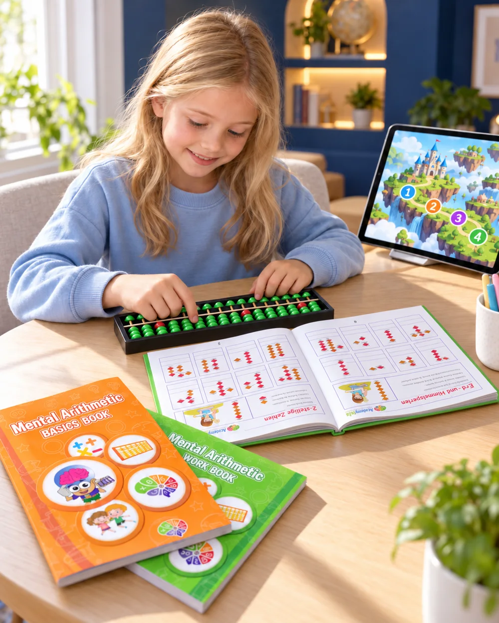 Mädchen übt mit Soroban-Abakus, Basics Book und Work Book, daneben die App auf dem Tablet