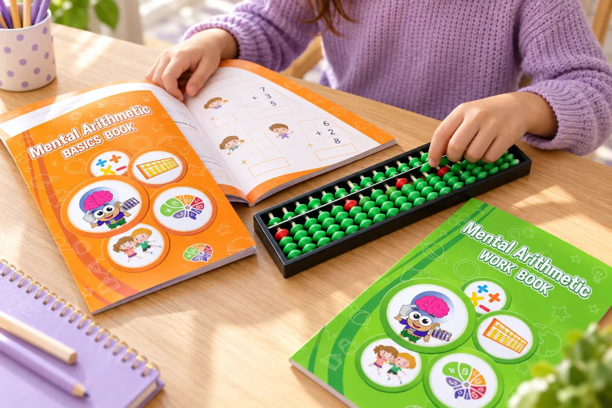 Kind übt mit Basics Book, Work Book und echtem Soroban-Abakus